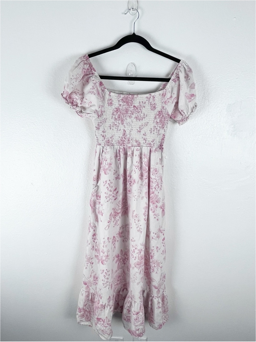 LAPAGEE  Linen Blend Pink White Floral Smocked Short Sleeves Pockets Dress Small